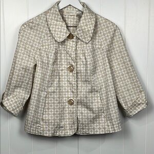 Studio Works Boxy Jacket M Tan White Floral Large Buttons 3/4 Sleeves Retro EUC